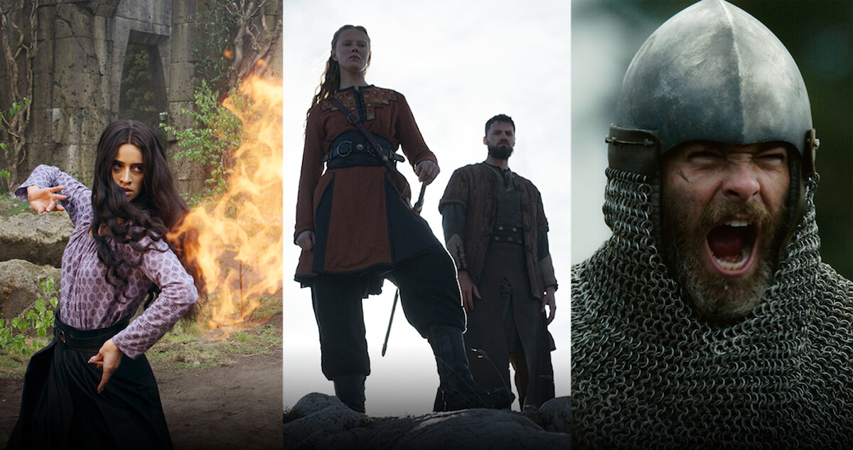 Split image of 3 stills from 'The Witcher.' Vikings: Valhalla,' and 'Outlaw King'