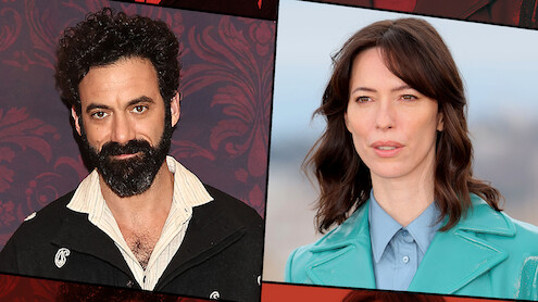 Two people are pictured side by side; the man on the left has curly dark hair and a beard, standing against a dark red patterned background, while the woman on the right has brown hair and wears a teal coat, outside with a blurred background.