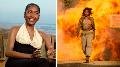 Iconic Scenes: Carlacia Grant next to still from OBX show (woman walking in front of explosion)