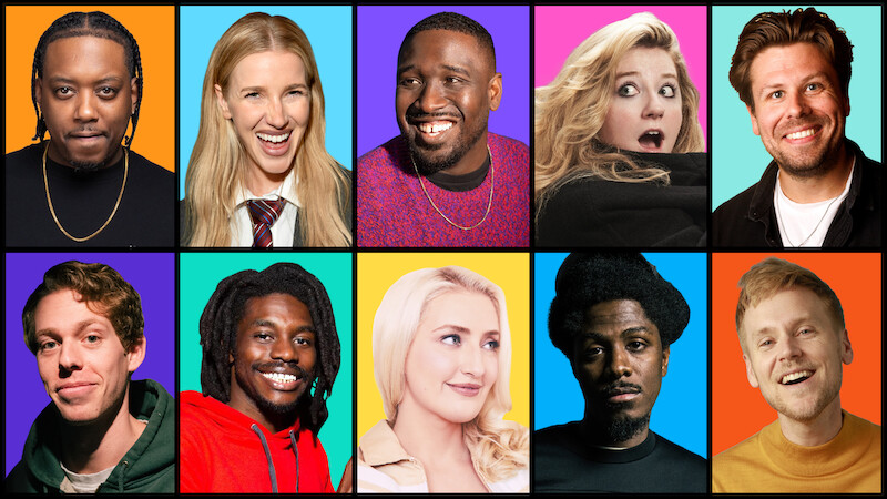 Ten people, each in their own square, pose for headshots with varied expressions and colorful casual clothing, arranged in a colorful grid pattern.