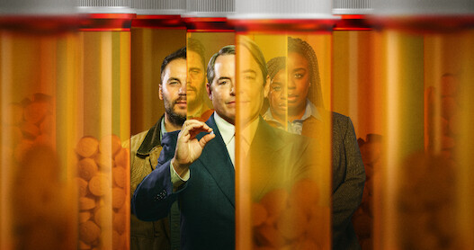 Uzo Aduba, Matthew Broderick, and Taylor Kitsch in Painkiller illustration behind prescription bottles