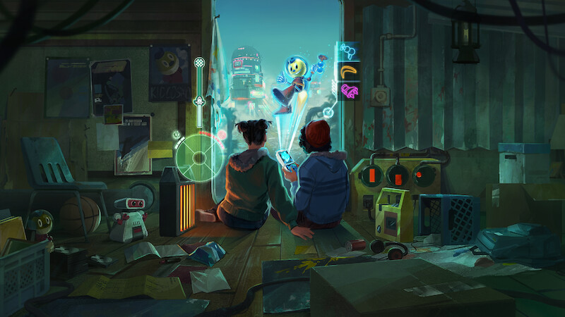 Two kids sit in a cluttered room, playing on a handheld console as a holographic Kid Cosmo and game interface project into a futuristic cityscape beyond an open doorway, blending reality with the game world.