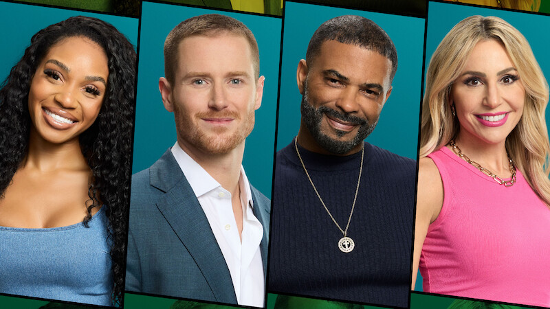 Four people, two women and two men, pose side by side in front of a blue and green background. They are smiling and dressed in casual to semi-formal attire, suggesting a friendly or professional setting.