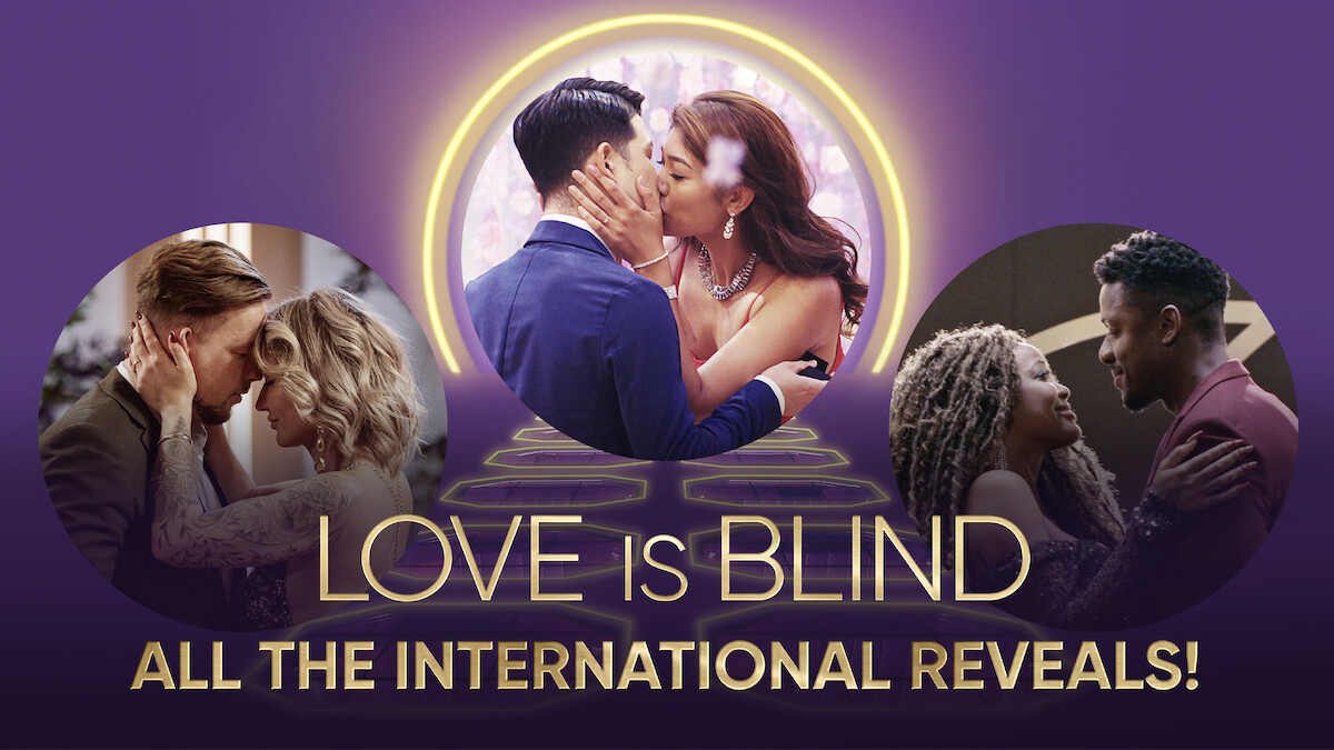 Couples from different seasons of 'Love Is Blind' international programs embracing.