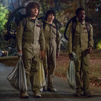 Gaten Matarazzo as Dustin, Finn Wolfhard as Mike, and Caleb MacLaughlin as Lucas in 'Stranger Things' Season 2.