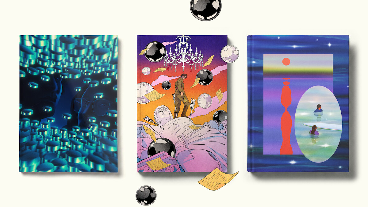 Three colorful hardcover books with abstract, surreal covers are displayed upright side by side against a light background. Each cover features imaginative artwork with vibrant colors, floating spheres, and dreamlike environments.