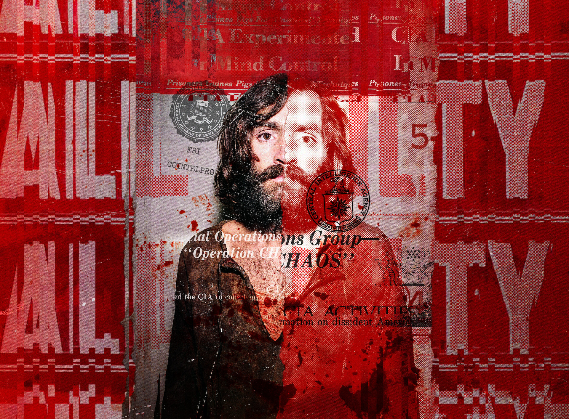 Chaos: The Manson Murders - A photo of manson overlaid with evidence and red.