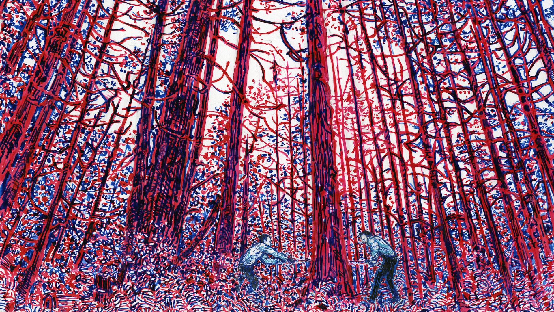 An illustration of two men cutting down a tree.