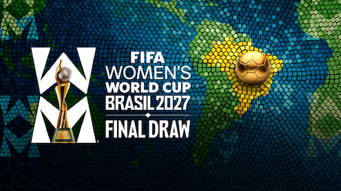 FIFA Women’s World Cup Brasil 2027 Final Draw graphic with tournament trophy, mosaic-style map showing Brazil highlighted, and a golden soccer ball over South America.
