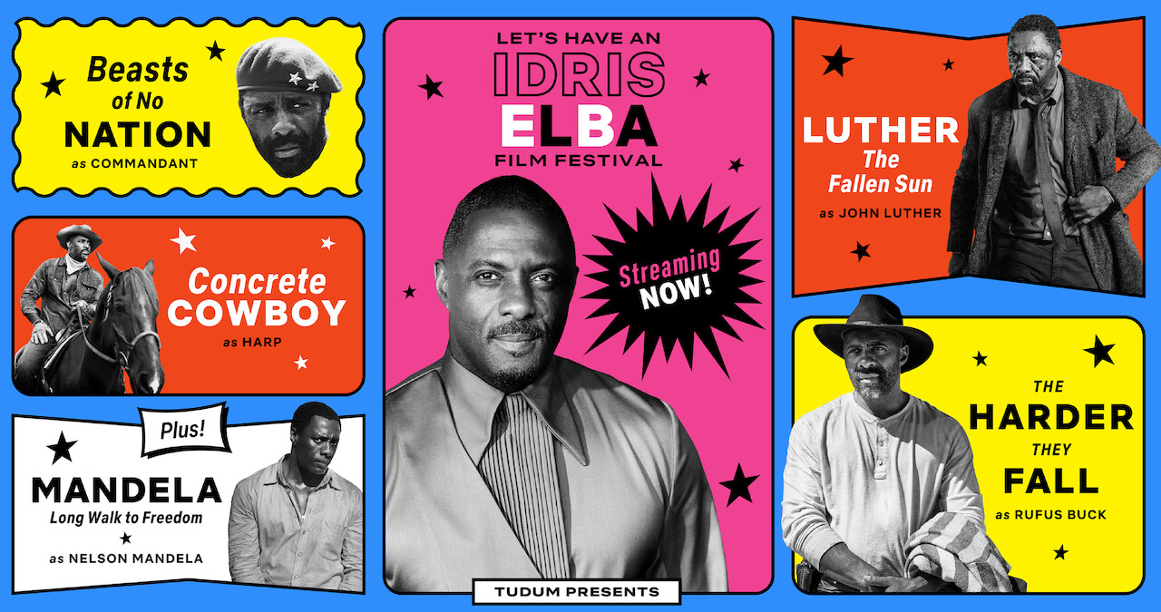 Image collage of Idris Elba movies including Beasts of No Nation, Concrete Cowboy, Luther: The Fallen Sun, The Harder They Fall and Mandela: Long Walk to Freedom.