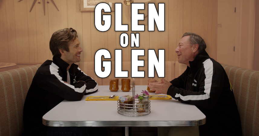 Glen Powell, left, sitting in a diner booth across from his father, Glen Powell Sr.