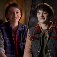 Split image featuring a younger Noah Schnapp on the left and an older version on the right, both seated indoors, smiling, and dressed casually in soft, natural lighting.