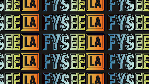 The words FYSEE LA repeating in a rainbow gradient.