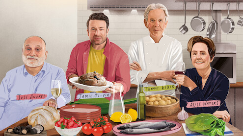 Chef's Table legends stars sit in a kitchen with their culinary masterpieces in front of them.