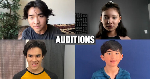 Four cast members of Avatar: The Last Airbender in front of cameras