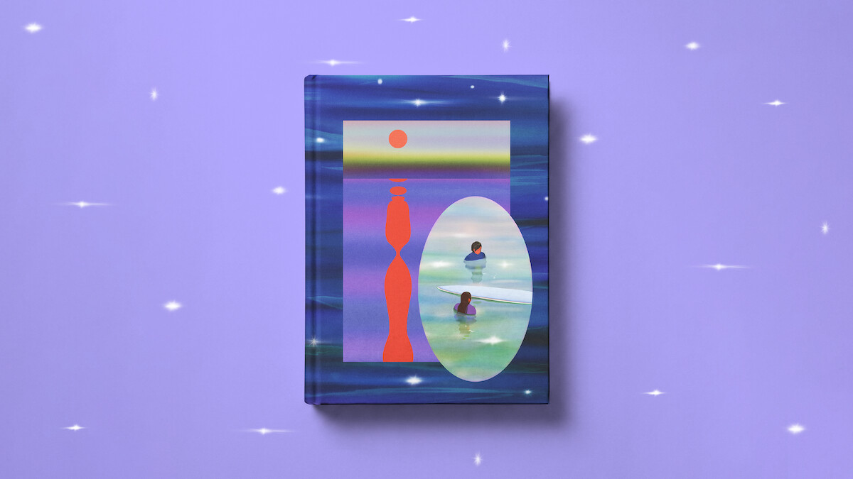 A closed book with an abstract cover featuring colorful shapes and two small figures, set on a purple surface with white sparkling light effects scattered around.