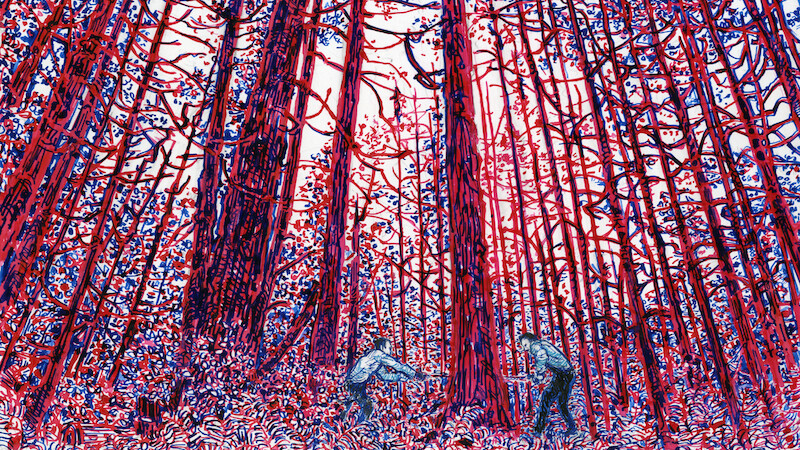 An illustration of two people cutting down a tree.