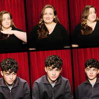 Jessica Gunning (Baby Reindeer) and Owen Cooper (Adolescence) are photographed individually in a photo booth with a red fabric pleated backdrop.
