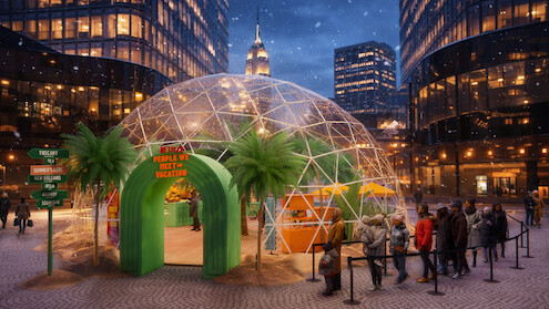 People line up outside a large transparent dome with palm trees and vacation-themed decor in a city plaza at night, surrounded by tall buildings and light snowfall.