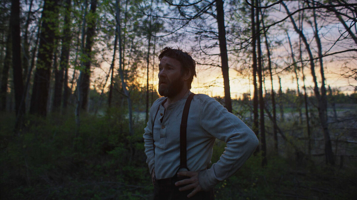 A man stands in a forest at dusk with hands on hips, surrounded by tall trees and fading sunlight, creating a calm and reflective mood.