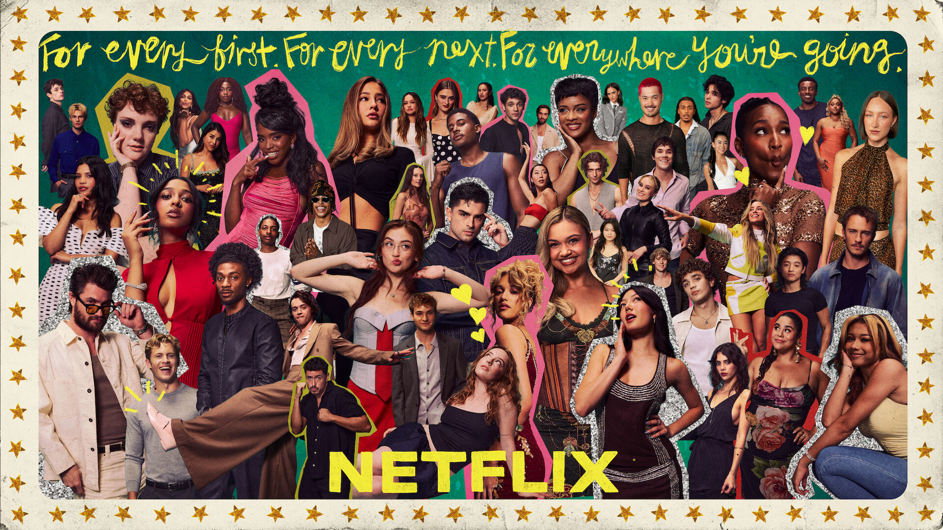 Collage of diverse actors and characters in colorful outfits on a decorated background with gold stars, handwritten text, and the NETFLIX logo, representing variety and inclusivity in entertainment options.