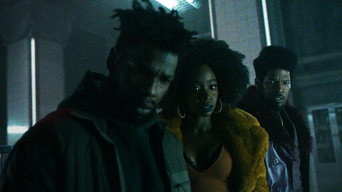 Fontaine (John Boyega), Yo-Yo (Teyonah Parris) and Slick Charles (Jamie Foxx) in They Cloned Tyrone