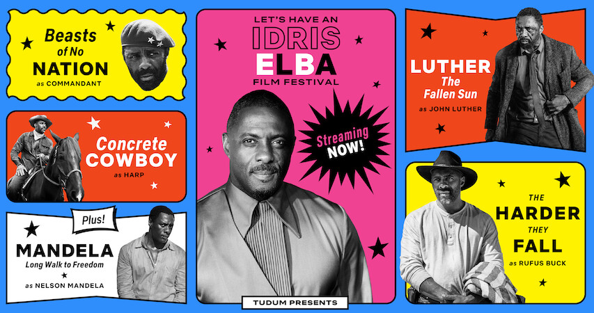 Image collage of Idris Elba movies including Beasts of No Nation, Concrete Cowboy, Luther: The Fallen Sun, The Harder They Fall and Mandela: Long Walk to Freedom.
