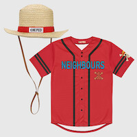 Red baseball jersey with "NEIGHBOURS" text and a straw hat featuring a "ONE PIECE" band, displayed on a light background. The outfit combines anime and sports themes.